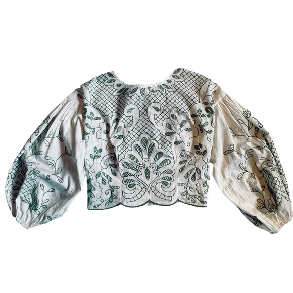 Anthropologie NWT Embroidered Smocked Puff Sleeve Top Blouse M - Picture 4 of 12